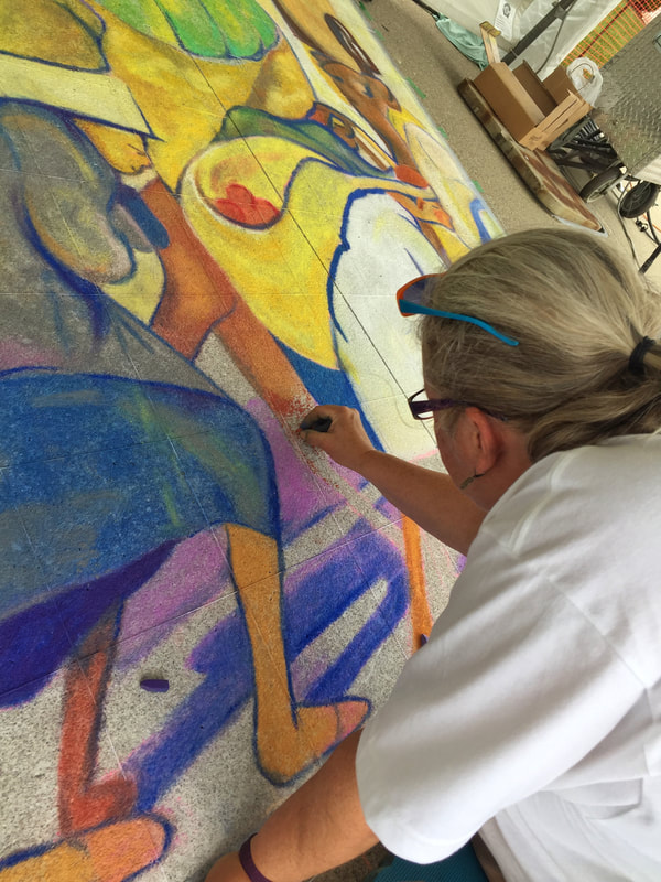Chalk artists Sheryl Lazenby and Jennifer Russell at the Columbus Arts Festival - recreating an Alice Schille watercolor for the Columbus Museum of Art.